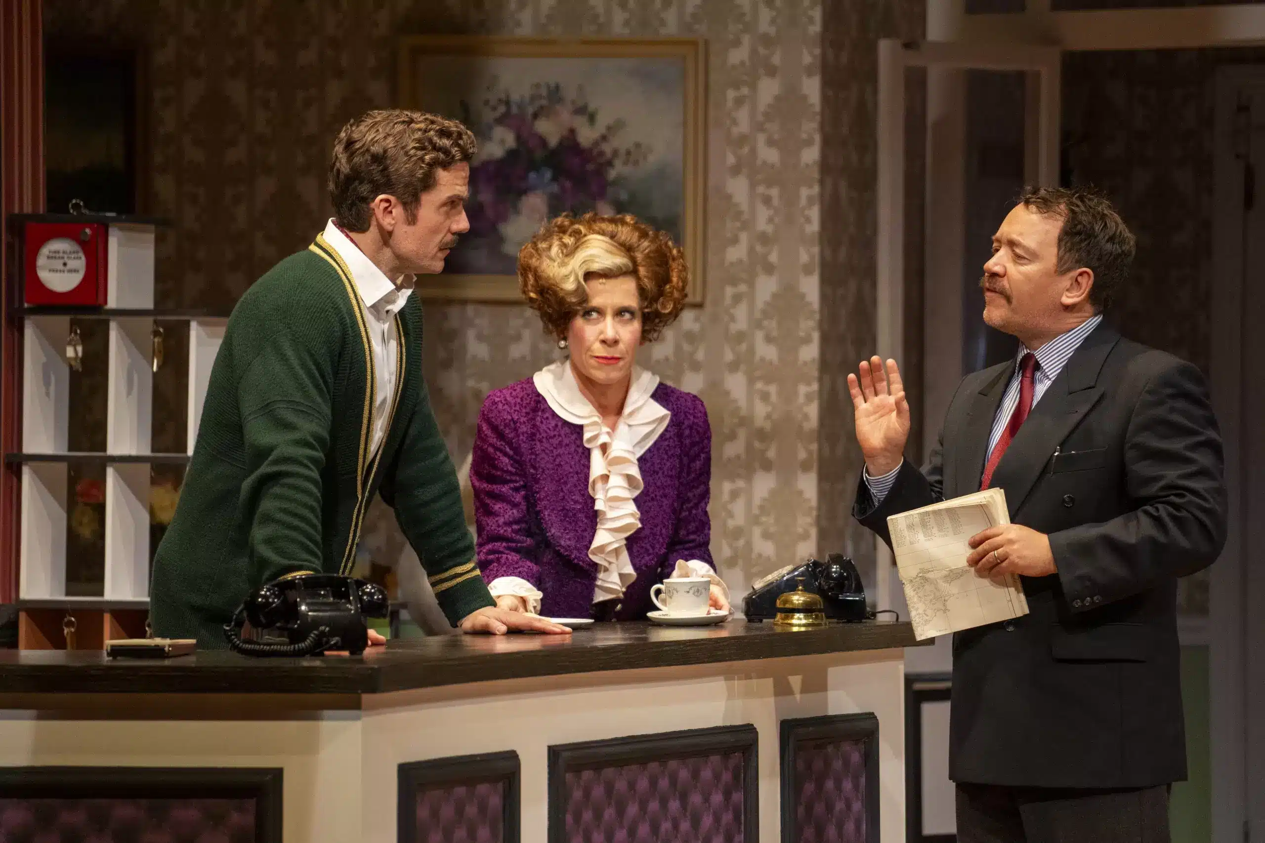 Fawlty Towers Adam Jackson Smith Basil Anna Jane Casey Sybil Steven Meo Mr Hutchinson. Photo Credit Hugo Glendinning